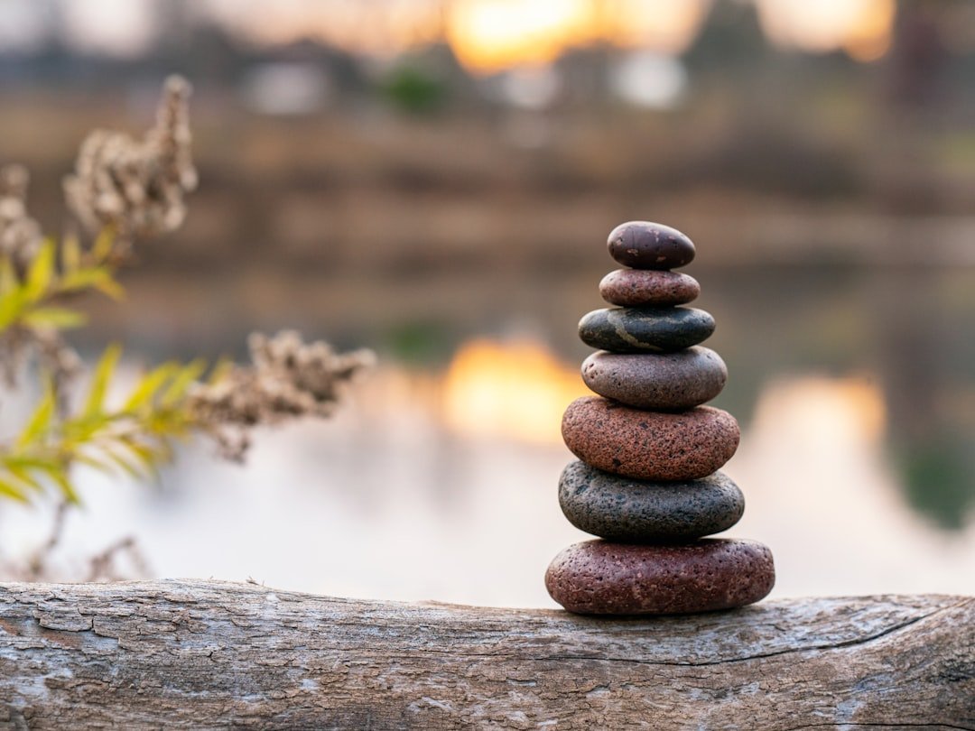 Zen stones stacked on top of fallen tree trunk looking over reflections in water.